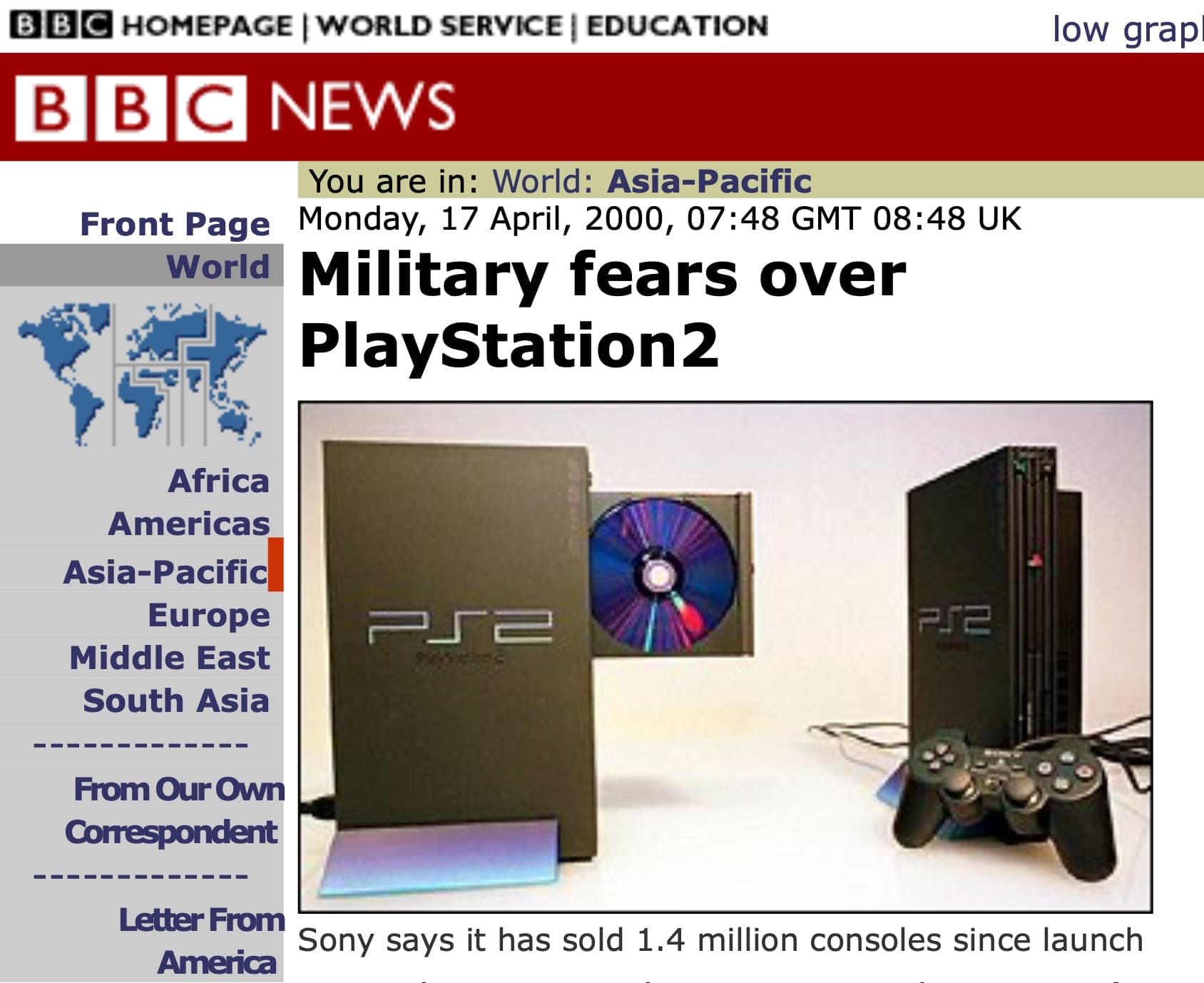 Screenshot of the BBC website of a story from April 2000 with the headline "Military fears over PlayStation 2"