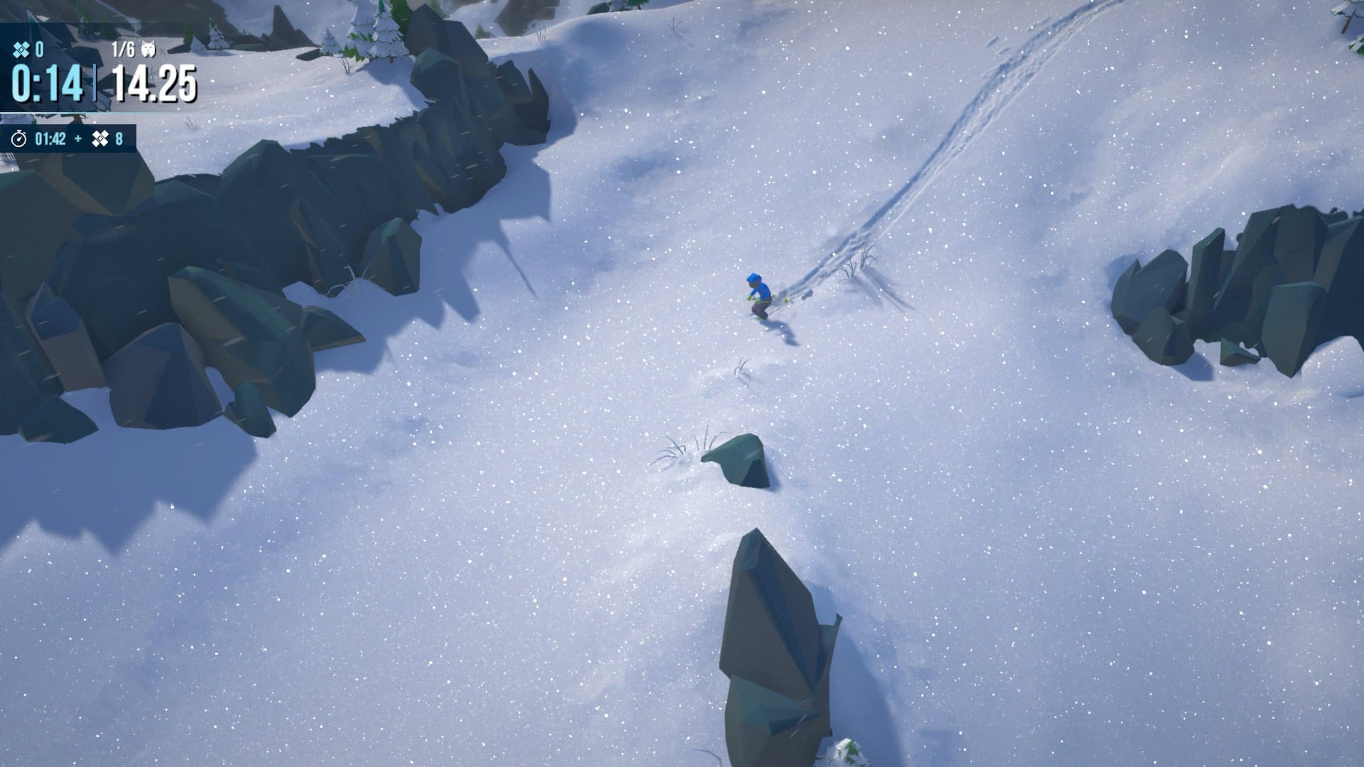 A screenshot from the PlayStation 5 game Lonely Mountains: Snow Riders.
