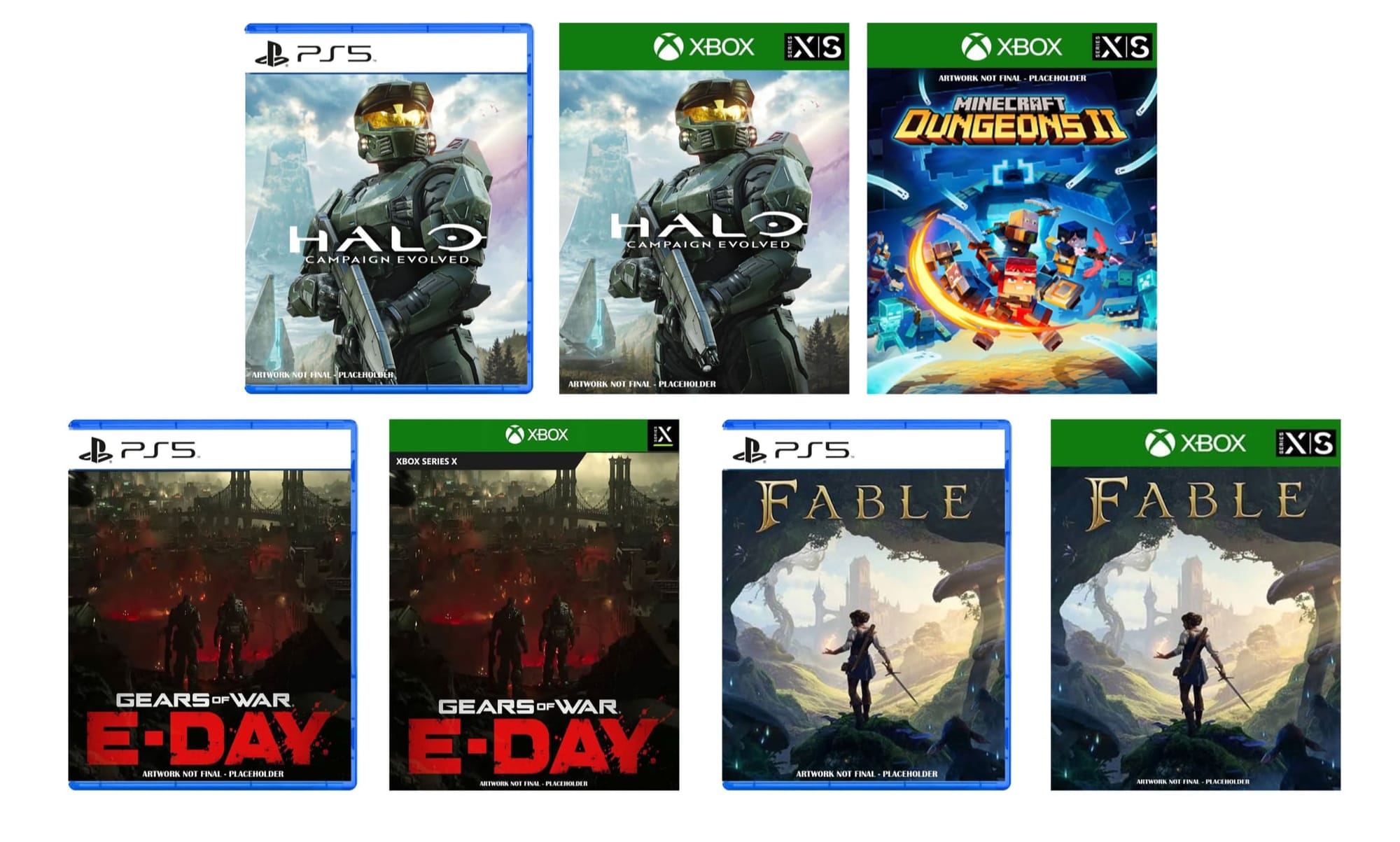 An image of various video game box art, including the now-canceled PS5 version of Gears of War: E-Day.
