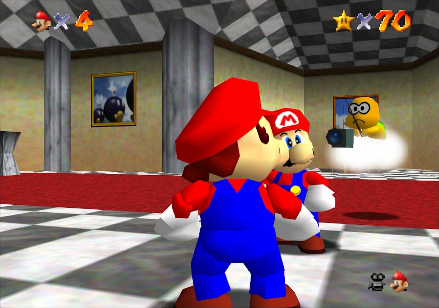 Mario looking in a mirror which reflects the floating camera Lakitu Bro behind him