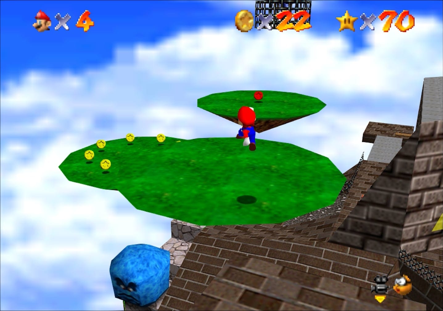 Mario jumping in Super Mario 64 with a small black shadow showing his position.
