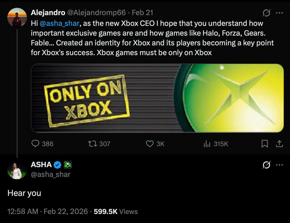 Microsoft gaming head Asha Sharma replies to a tweet asking for more exclusive games with "Hear you"