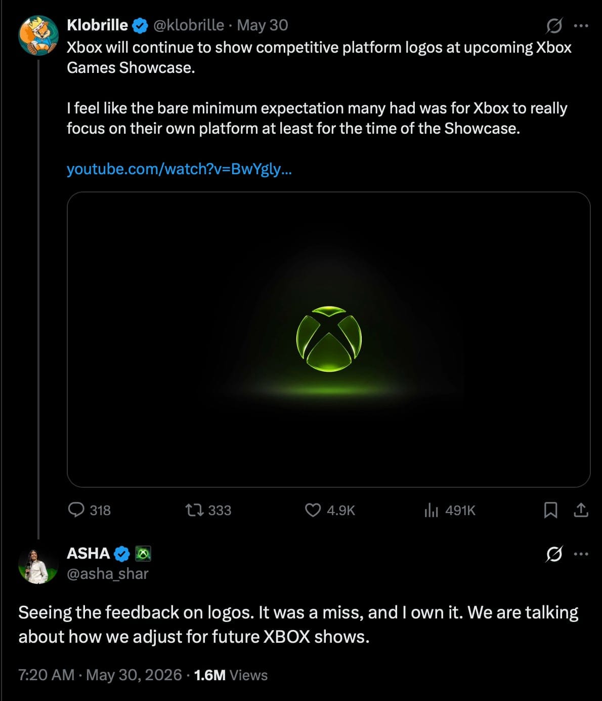 A tweet from Microsoft gaming head Asha Sharma agreeing with a complaint.