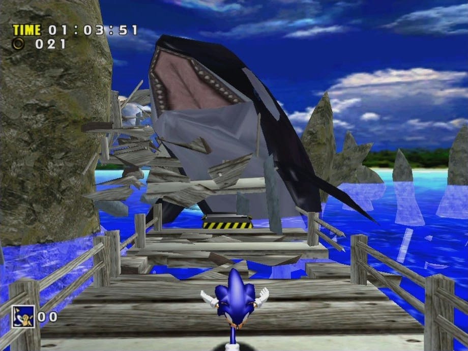 Sonic the Hedgehog running away from an orca in a screenshot from Sonic Adventure DX.