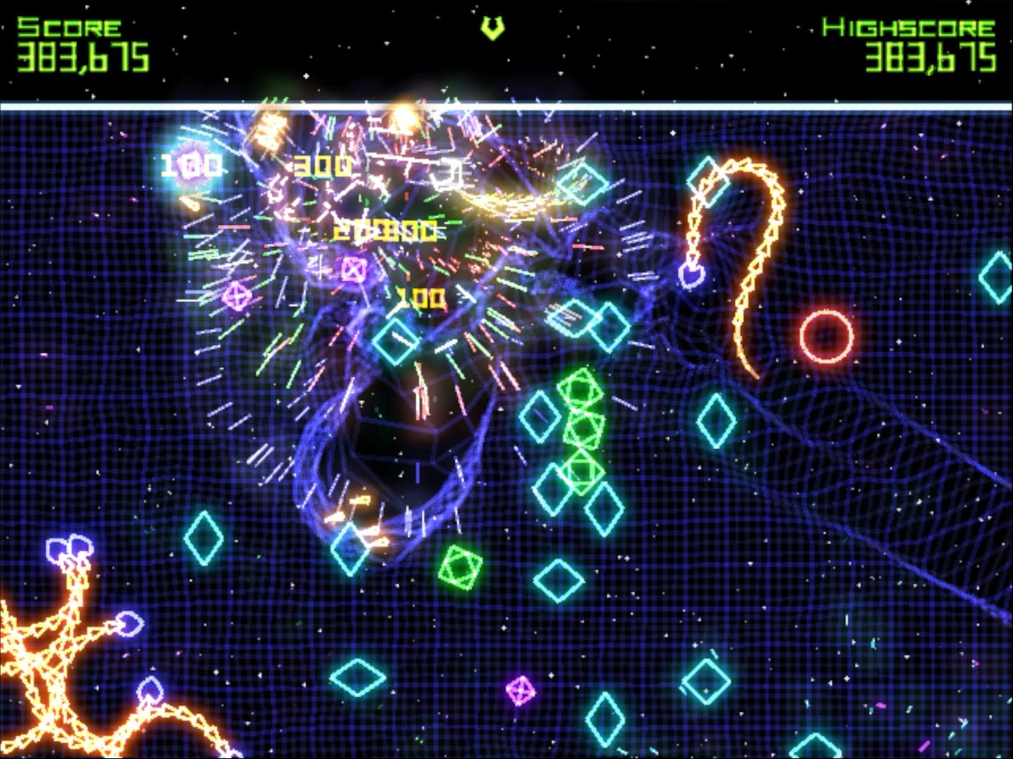 A screenshot from Geometry Wars: Retro Evolved.