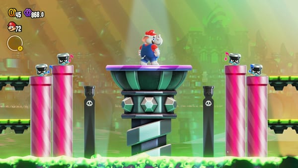A screenshot from the Nintendo Switch game Super Mario Bros. Wonder showcasing Mario's Elephant transformation