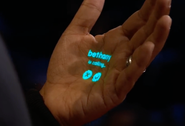 A screen grab from Humane's presentation, showing a phone screen projected on to a palm.