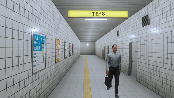 A screenshot from The Exit 8 on Nintendo Switch, showing a short, seemingly normal underground subway passage in Tokyo.