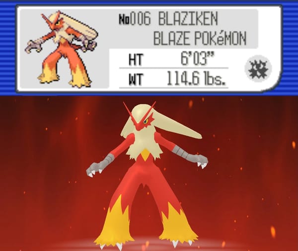 A composite showing the the Pokémon Blaziken on Game Boy Advance and iPhone.