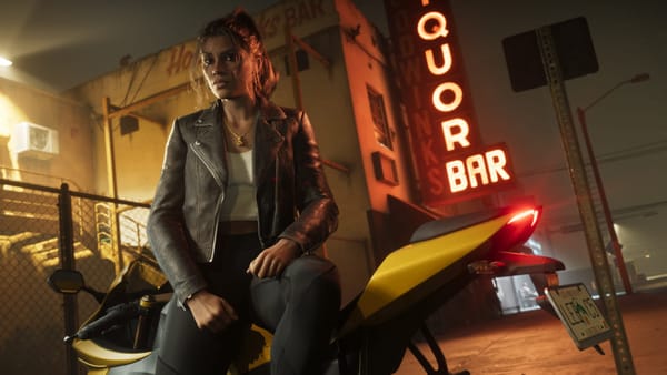 A screenshot from the upcoming game GTA VI showing protagonist Lucia sitting on a motorbike.