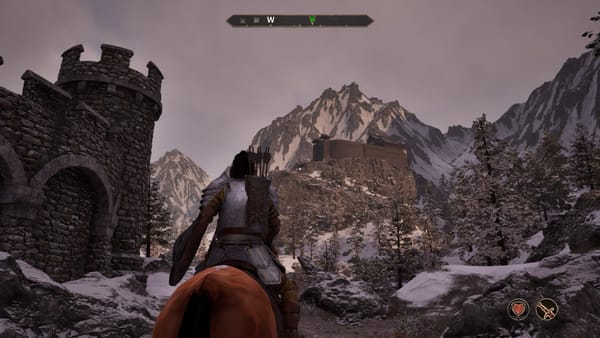 A screenshot showing a knight on a horse from the PlayStation 5 version of the video game Oblivion Remastered.