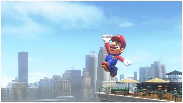 A screenshot from Super Mario Odyssey showing Mario jumping in front of a New York-esque city.