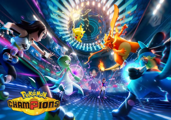 Key art from the game Pokémon Champions featuring four Pokémon battling against each other.