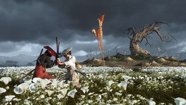 A screenshot from Ghost of Yōtei on PlayStation 5 showing Atsu engaged in a duel in a field of flowers.
