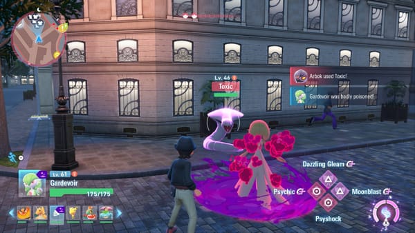 A battle in Pokémon Legends: Z-A with an Arbor and Gardevoir facing off.